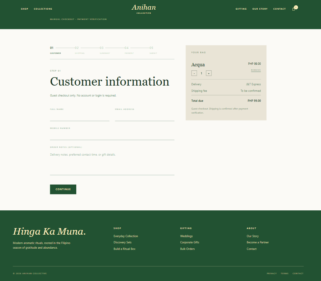 ANIHAN Collective checkout page showing customer, order, and payment workflow
